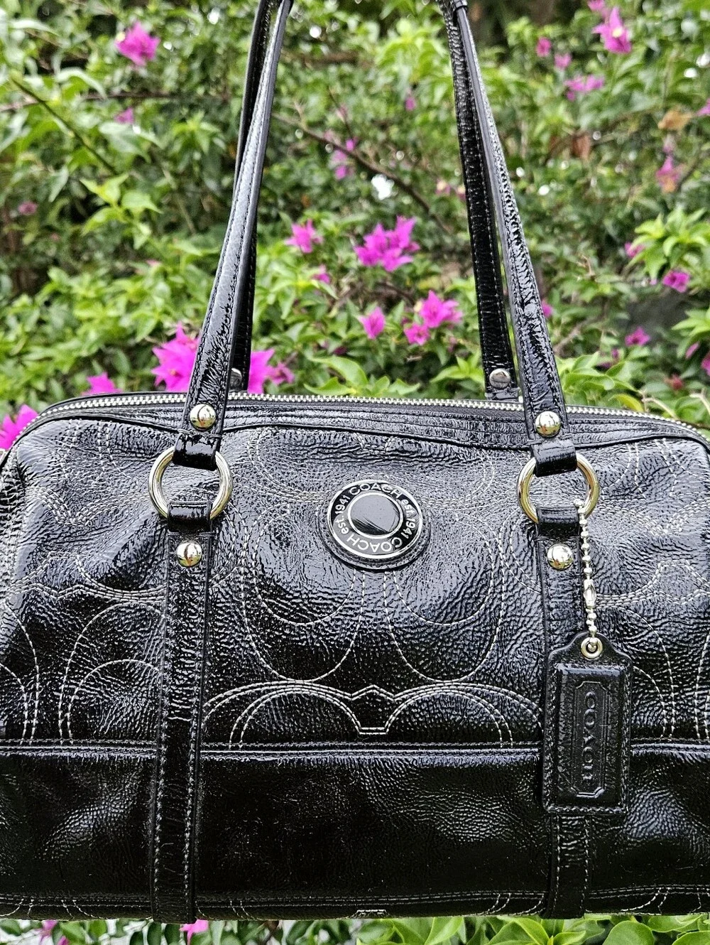 Coach F19561 Black Patent Signature Satchel & Matching Wristlet Set EUC